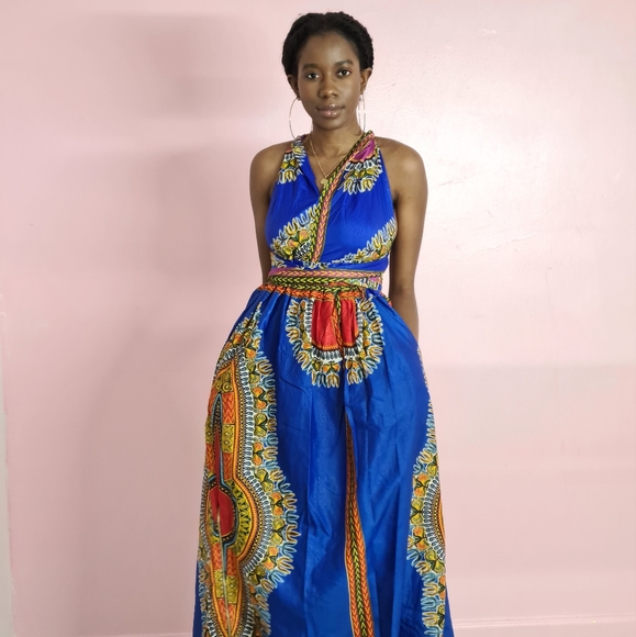 Traditional African Wax Print Dress for Women – Dashiki Halter Neck Maxi Dress